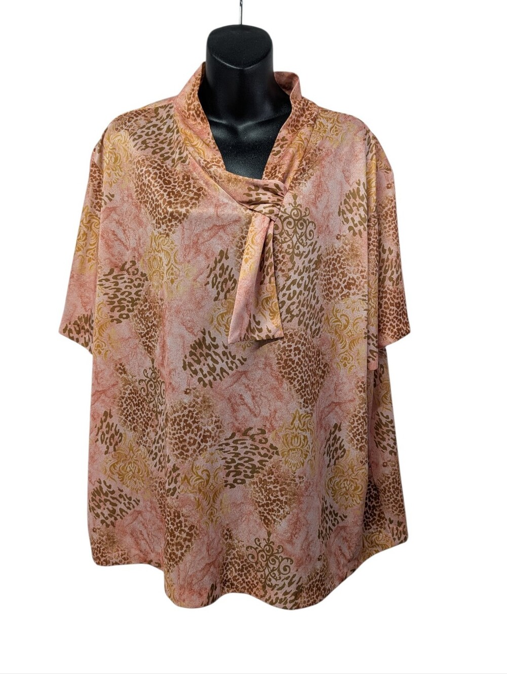 Sara Morgan Womens Plus 3X Pink Brown Gold Animal Print Tie-Neck Blouse Stretch